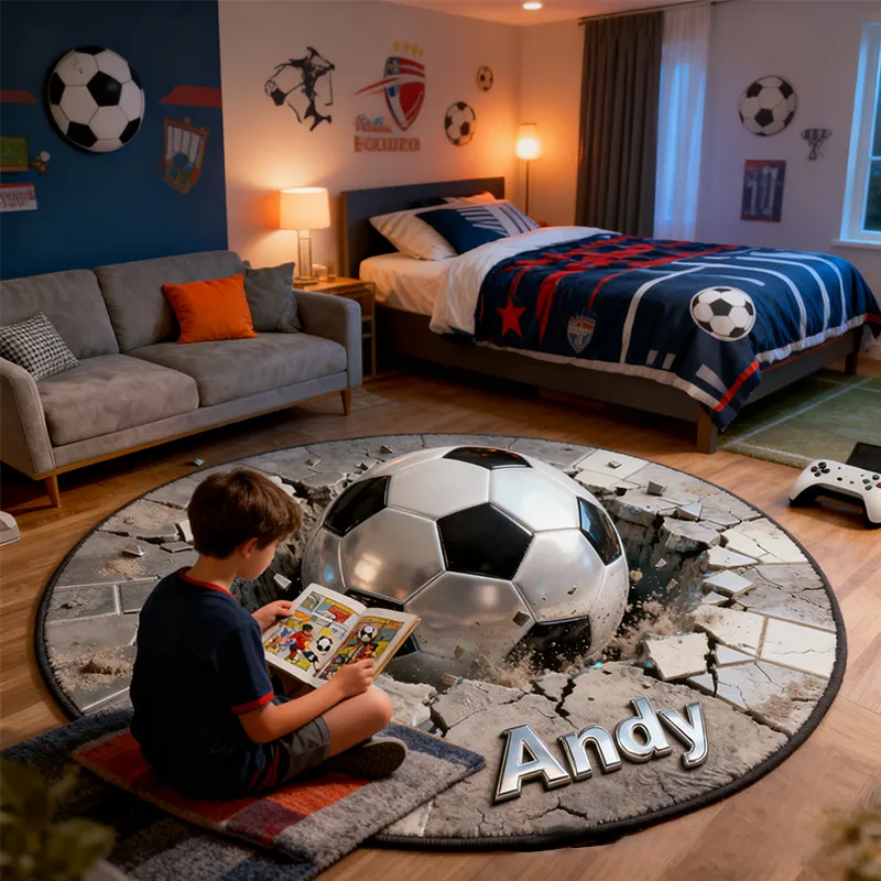 Personalized Soccer Rug with Cracked Floor Design Dynamic 3D Effects and Custom Name