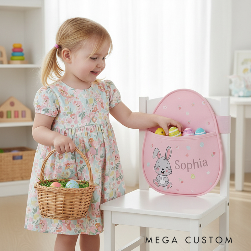 Personalized Bunny Easter Chair Back Pocket Custom Name Storage for Eggs Gifts and Cards Perfect Gift For Easter