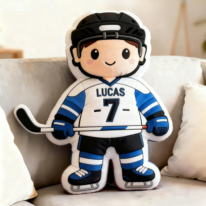 Personalized Cute Ice Hockey Themed Pillow with Custom Name and Jersey Number for Kids and Fans 