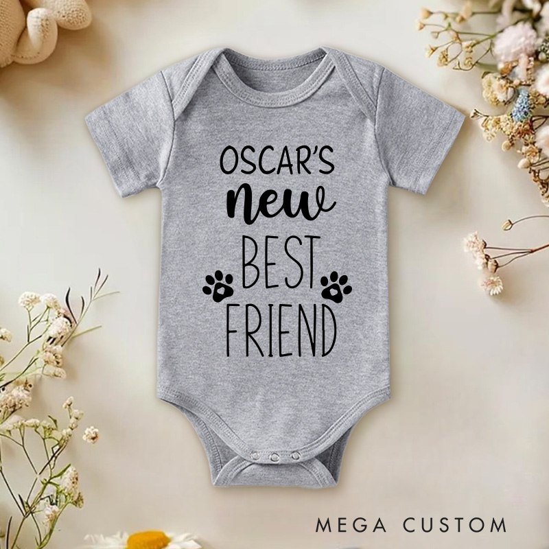 Personalized New Best Friend Baby Onesie with Dog Name New Baby Girl Boy Gift