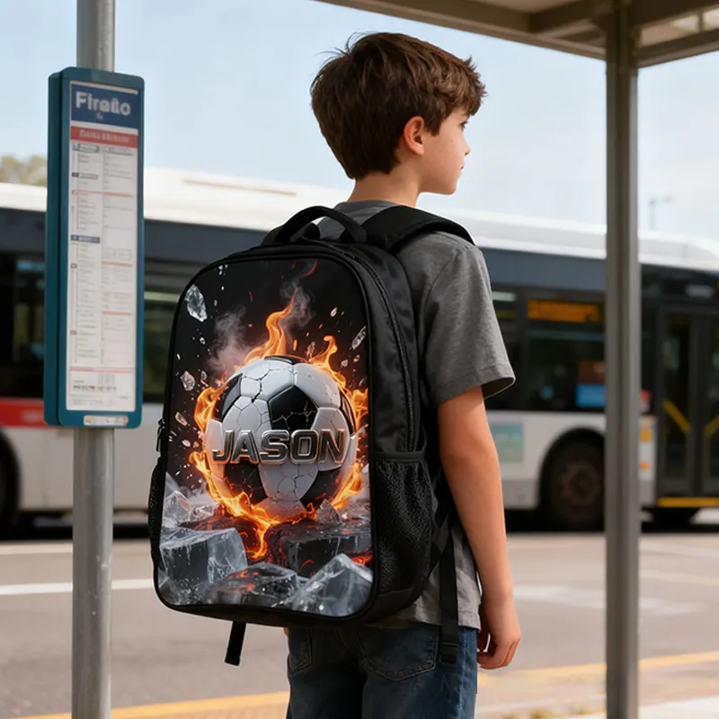 Personalized Soccer Backpack with Fiery Design and Custom Name for Kids and Soccer Lovers Black to School Gift 