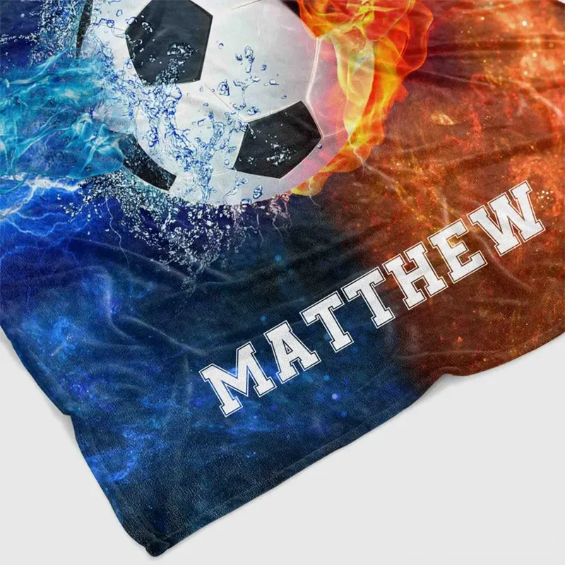 Personalized Fire and Water Design Soccer Blanket with Custom Name and Dynamic Sports Art