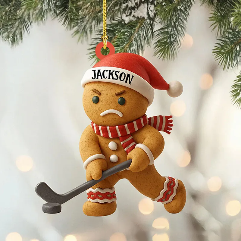 Personalized Acrylic Gingerbread Hockey Christmas Ornament with Custom Name  