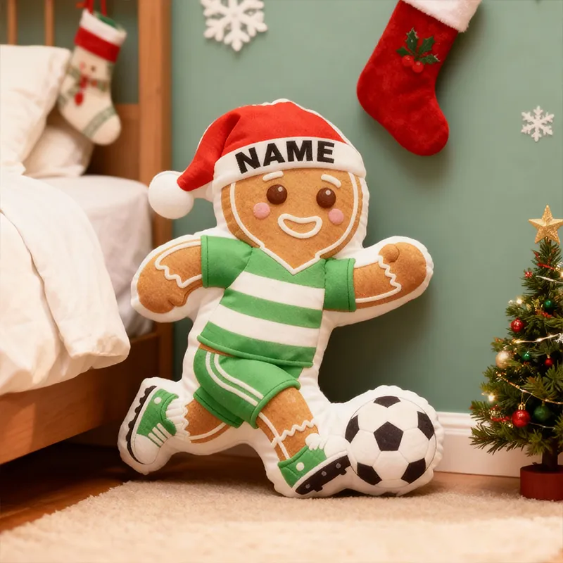 Personalized Gingerbread Soccer Player Pillow with Custom Name and Festive Design
