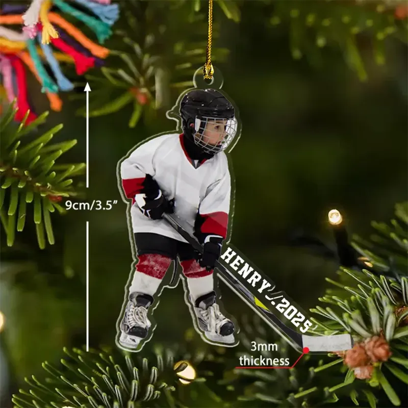 Personalized Hockey Player Christmas Acrylic Ornament with Custom Photo and Name Design