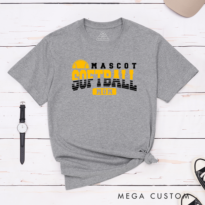 Personalized Softball Mom T-Shirt Design Featuring Custom Team Name Bold Gradient Typography Central Softball Graphic and Highlighted "Mom" Element