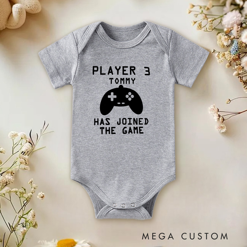 Personalized Player 3 Has Joined the Game Fun Gaming for Growing Families Baby Onesie