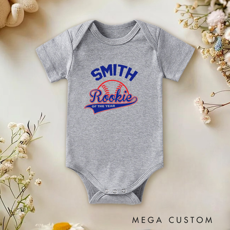 Personalized Rookie of the Year Fun Baseball Themed Design for Newcomers Baby Onesie
