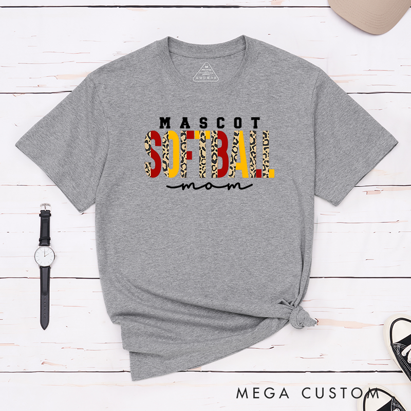 Personalized Softball Mom T-Shirt Design Featuring Custom Team Name Leopard Print Bold Typography and Stylish Script Accent