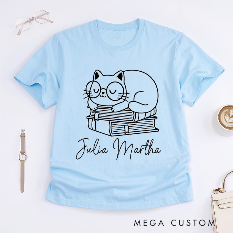 Personalized Books and Cat Classic T-Shirts Funny Cat Tee Funny Reading Shirt Cat Shirt Book Shirt Customized Name Shirt Gift for Books Lover