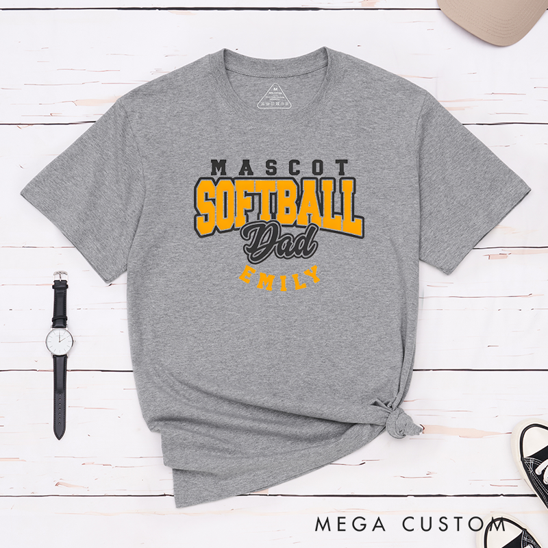 Personalized Softball Dad T-Shirt Design Featuring Custom Team Name Player Name Bold Typography and Stylish Script Accent