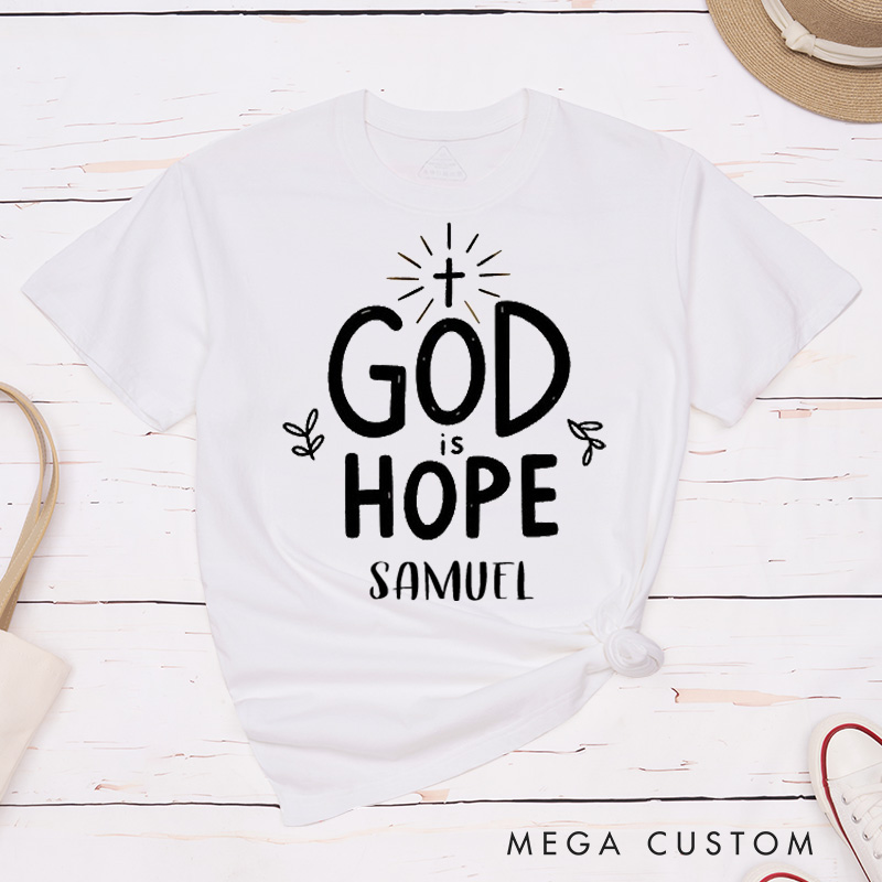 Personalized God Is Hope Classic T-Shirt with Name Small Leaf Christian Shirt Faith Based Shirt Gift for Christians