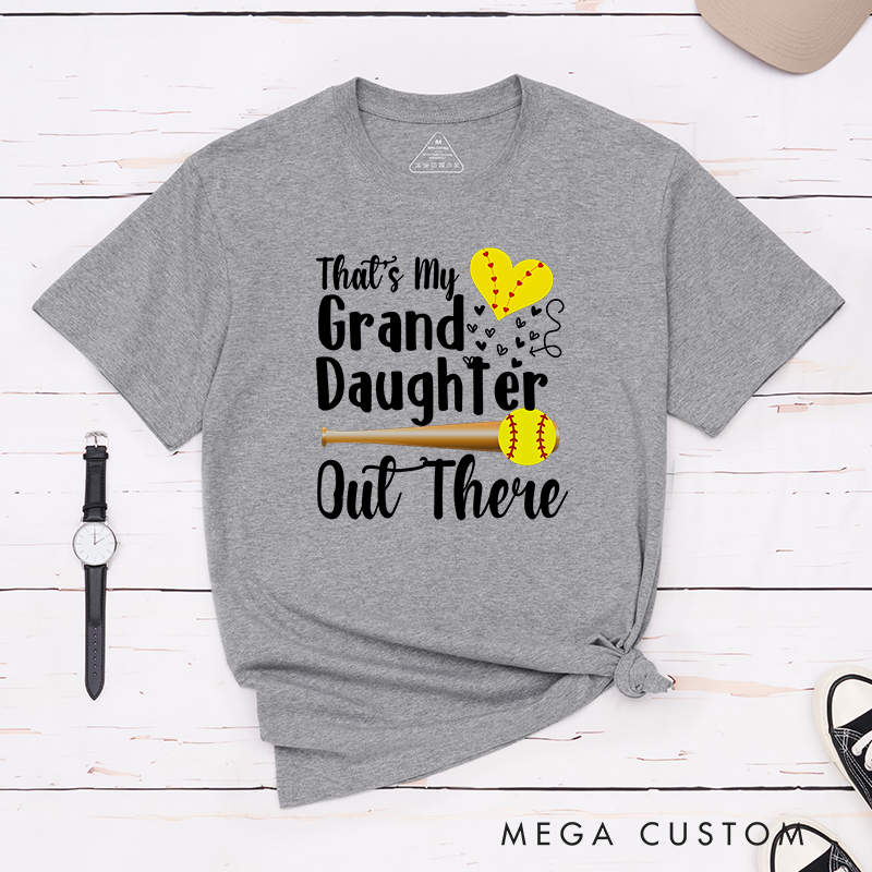 Personalized Softball Support T-Shirt Design Featuring Customizable Text for Granddaughter or Other Titles Bold Typography Heart-Shaped Stitching Graphic Softball Bat and Ball Elements