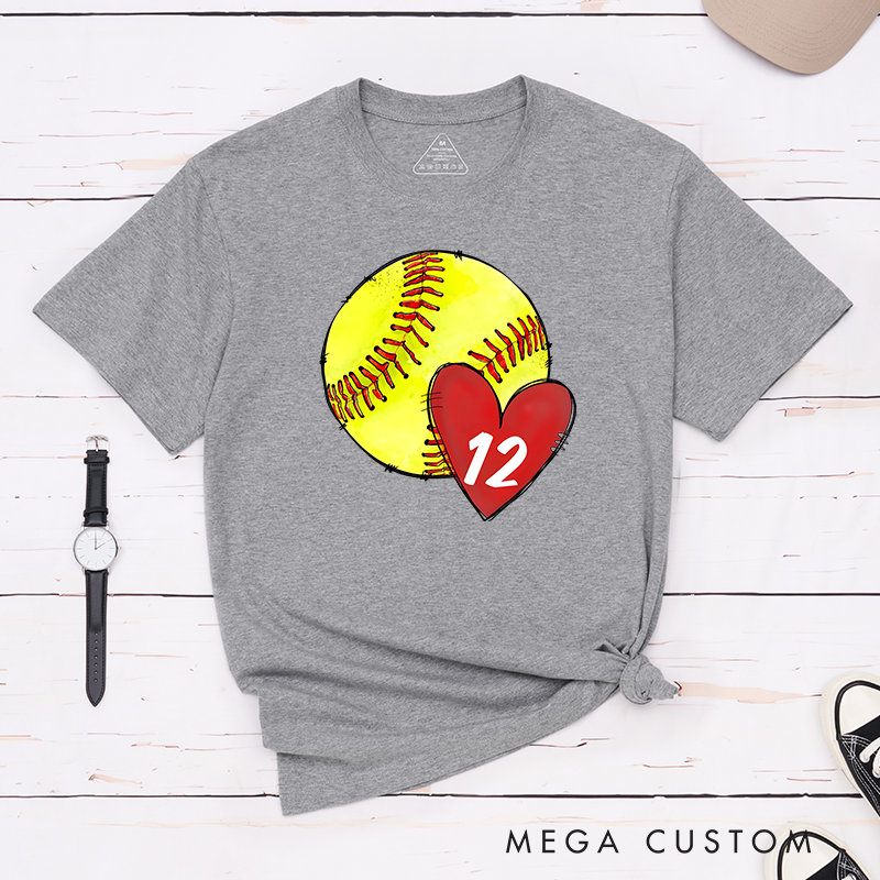Personalized Softball T-Shirt Design Featuring Hand-Drawn Softball Graphic Heart Element and Customizable Player Jersey Number for a Unique Supportive Look