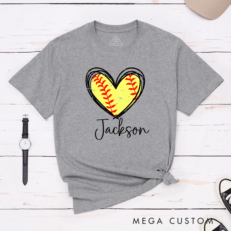 Personalized Softball Heart T-Shirt Design Featuring Custom Name and Vibrant Softball Stitching Graphic