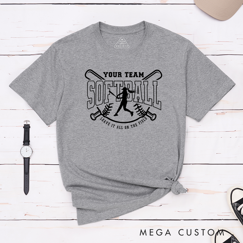 Softball Team T-Shirt Featuring Customizable Team Name Player Silhouette and Motivational Slogan Design