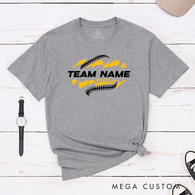 Personalized Softball Team T-Shirt Design Featuring Customizable Team Name Bold Text Dynamic Brushstroke Elements and Softball Stitch Graphics