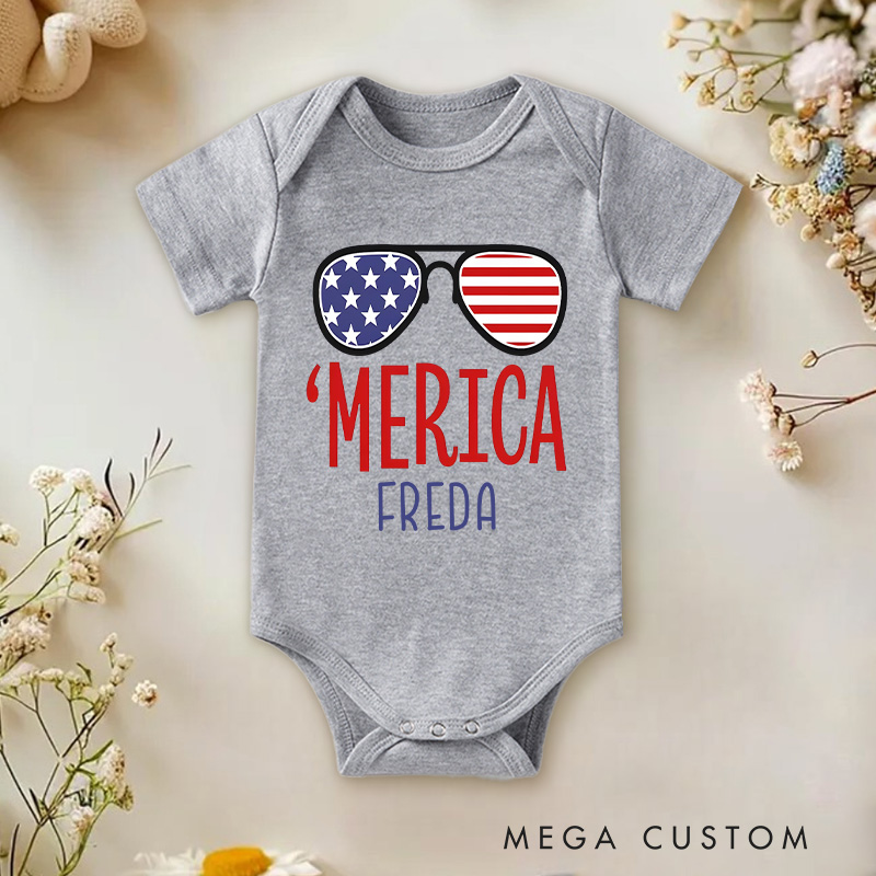 Personalized Merica Glasses Fourth of July Baby Onesie Newborn Baby Gift