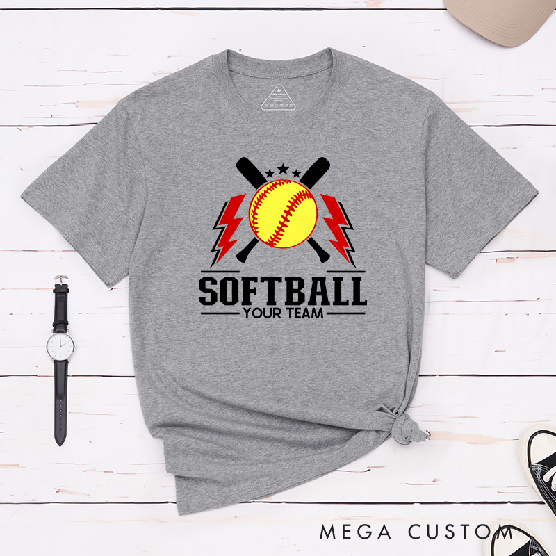 Personalized Softball Team T-Shirt Design Featuring Customizable Team Name Bold Softball Graphics Crossed Bats and Striking Lightning Elements