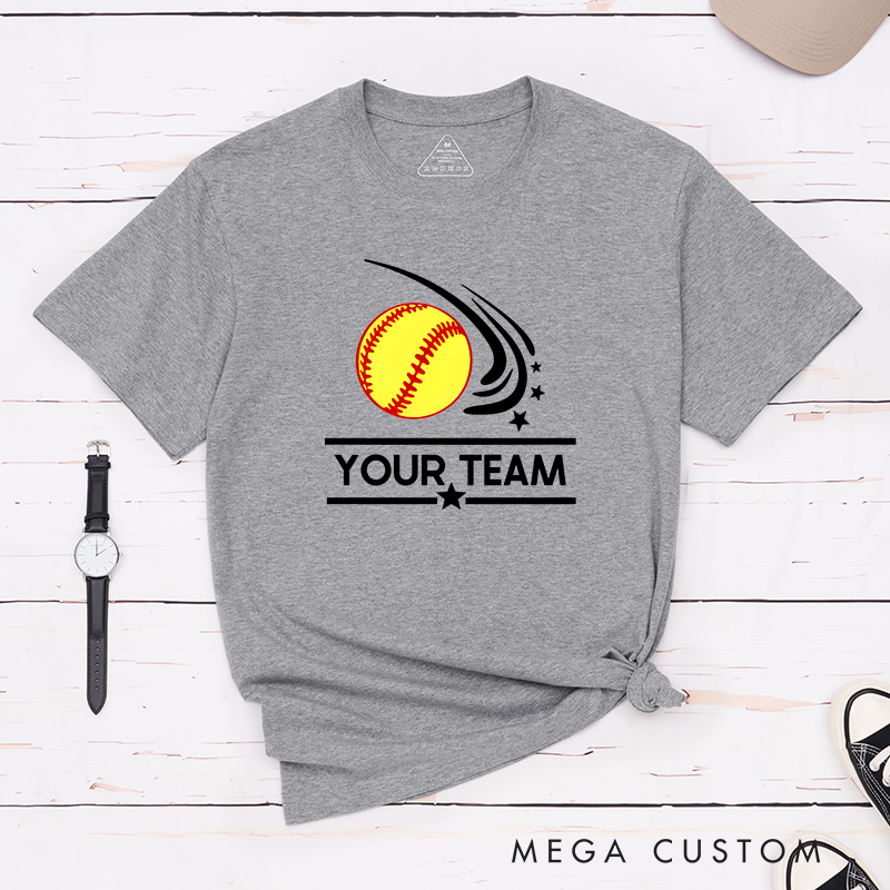 Personalized Softball Team T-Shirt Design Featuring Customizable Team Name Dynamic Softball Motion Graphic and Star Accents
