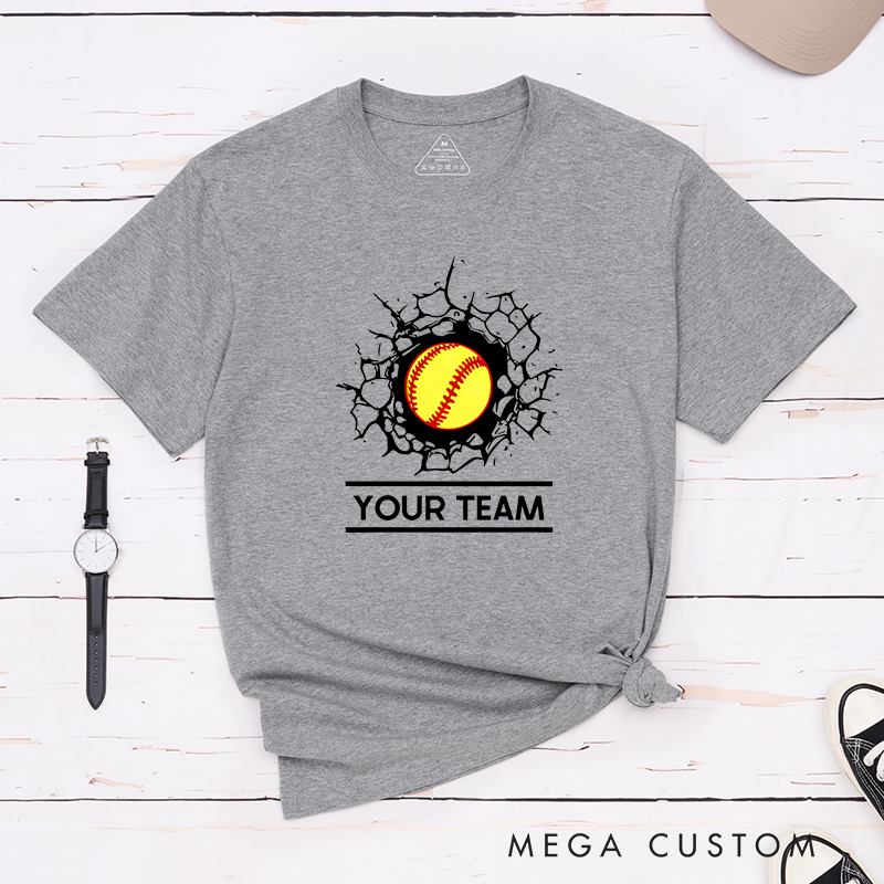 Personalized Softball Team T-Shirt Design Featuring Customizable Team Name Bold Softball Graphic and Dynamic Cracked Wall Effect