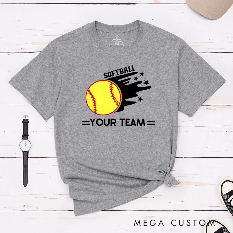 Personalized Softball Team T-Shirt Design Featuring Customizable Team Name Bold Motion Trail Graphic with Stars and Striking Softball Element