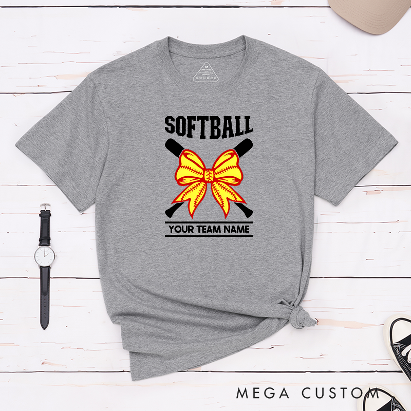 Personalized Softball Team T-Shirt Design Featuring Customizable Team Name Striking Softball Bow Graphic and Crossed Bats