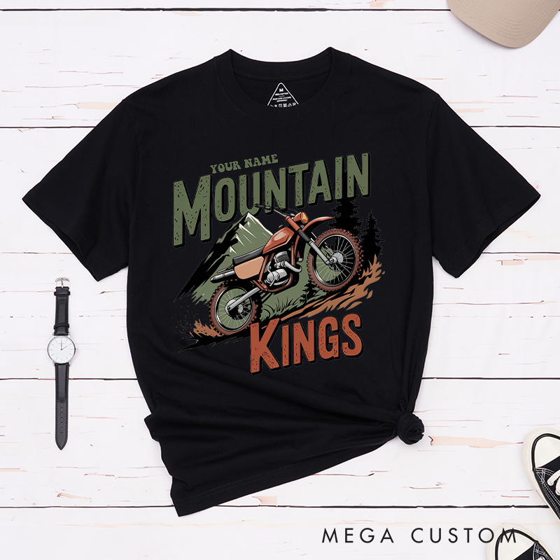 Personalized Mountain Kings Dirt Bike T-Shirt a Majestic Mountain Backdrop for Outdoor Adventures Riding Cycling Biking Enthusiasts