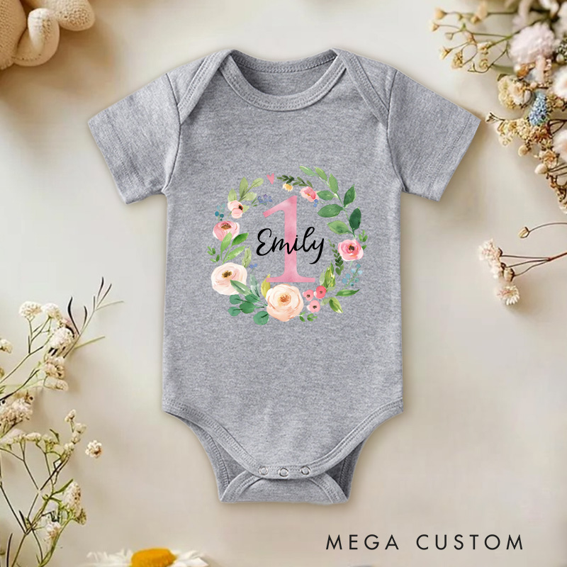 Personalized First Birthday Baby Onesie with Your Name Floral Birthday Gift Newborn Gift