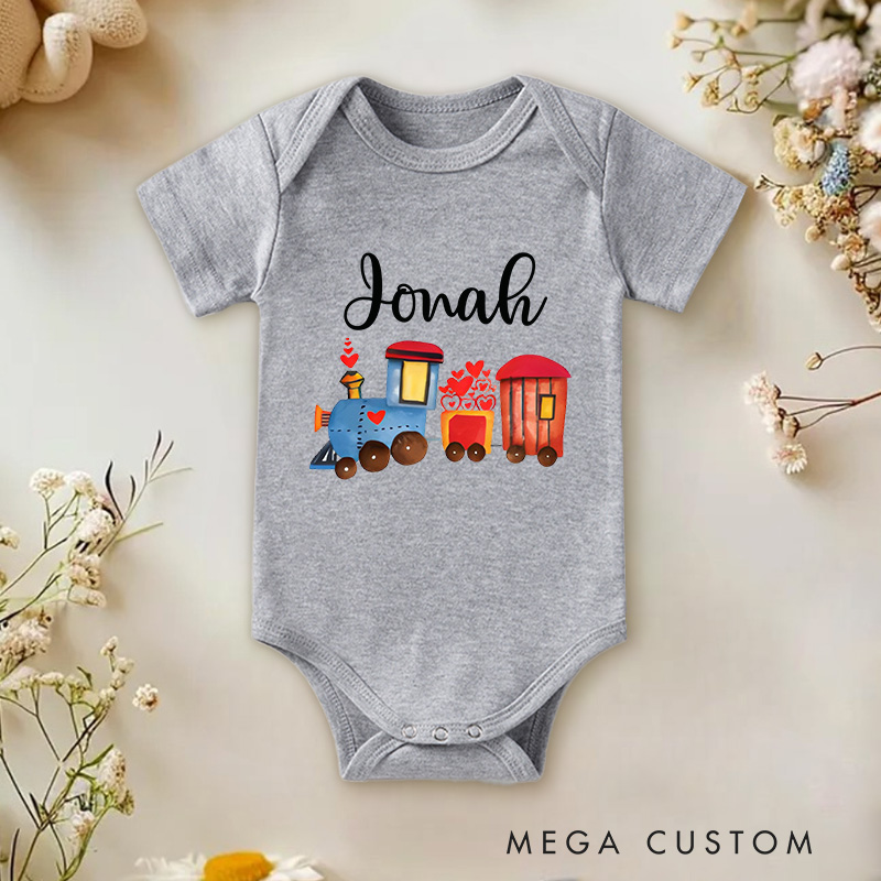 Personalized Valentine's Train Design with Hearts Baby Onesie Funny Baby Gift