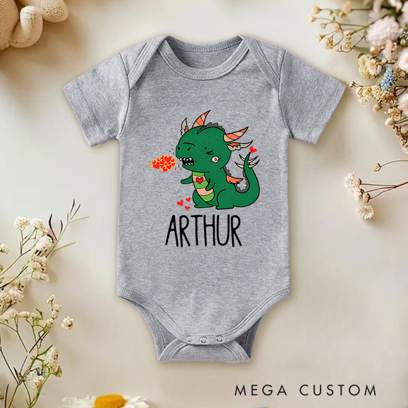 Personalized Cute Dragon Design with Hearts and Fire Baby Onesie Valentine's Day Baby Gift