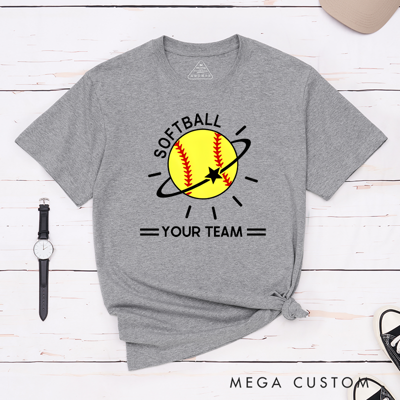 Personalized Softball Team T-Shirt Design Featuring Customizable Team Name Vibrant Softball Graphic with Orbiting Star and Radiating Lines