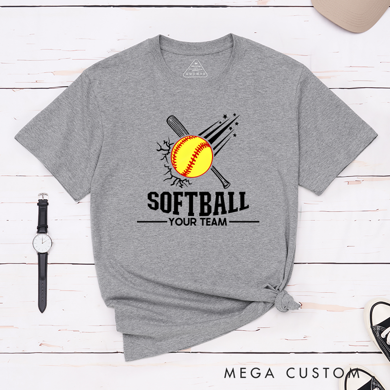 Personalized Softball Team T-Shirt Design Featuring Customizable Team Name Explosive Softball Graphic with Bat and Shooting Star Accents