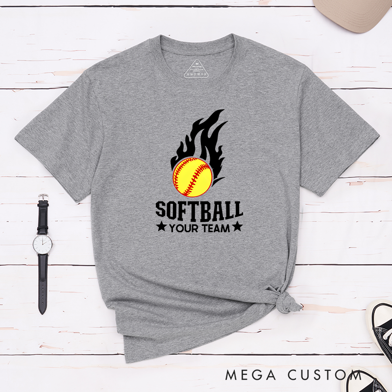 Personalized Softball Team T-Shirt Design Featuring Customizable Team Name Fiery Softball Graphic with Bold Star Accents