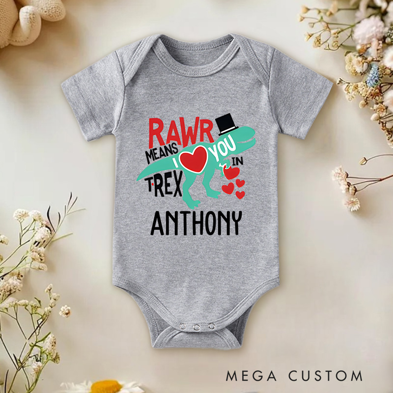 Personalized Rawr Means I Love You T-Rex Valentine's Baby Onesie Gift for Baby