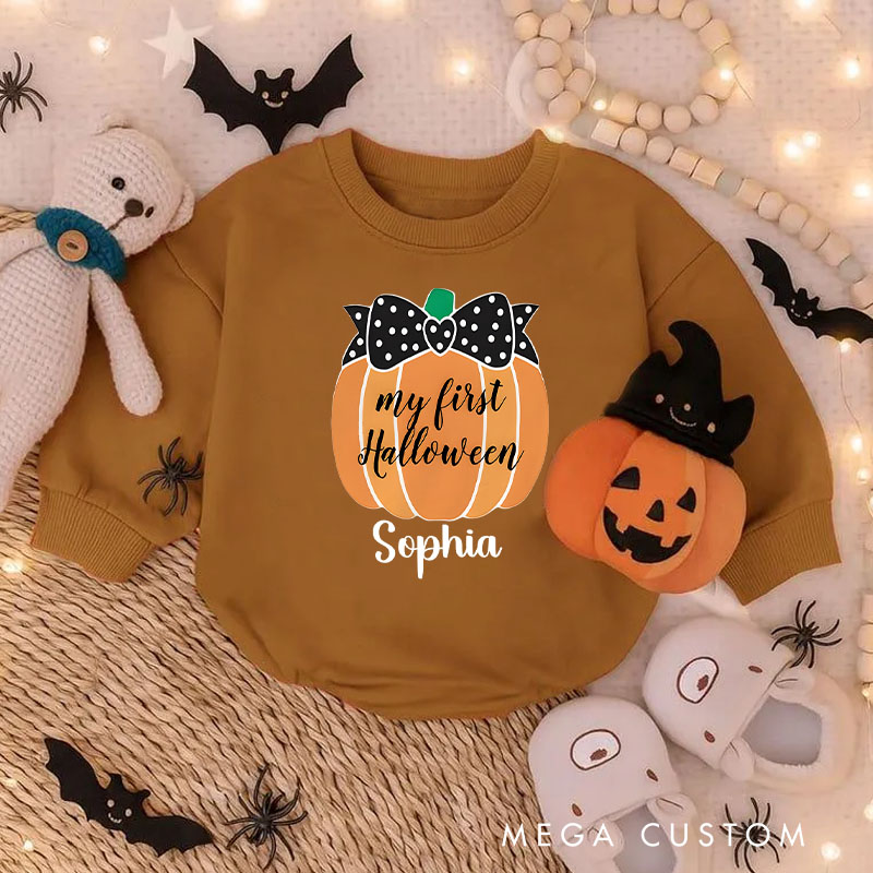 Personalized My First Halloween Pumpkin Baby Bodysuit with Bow Accent