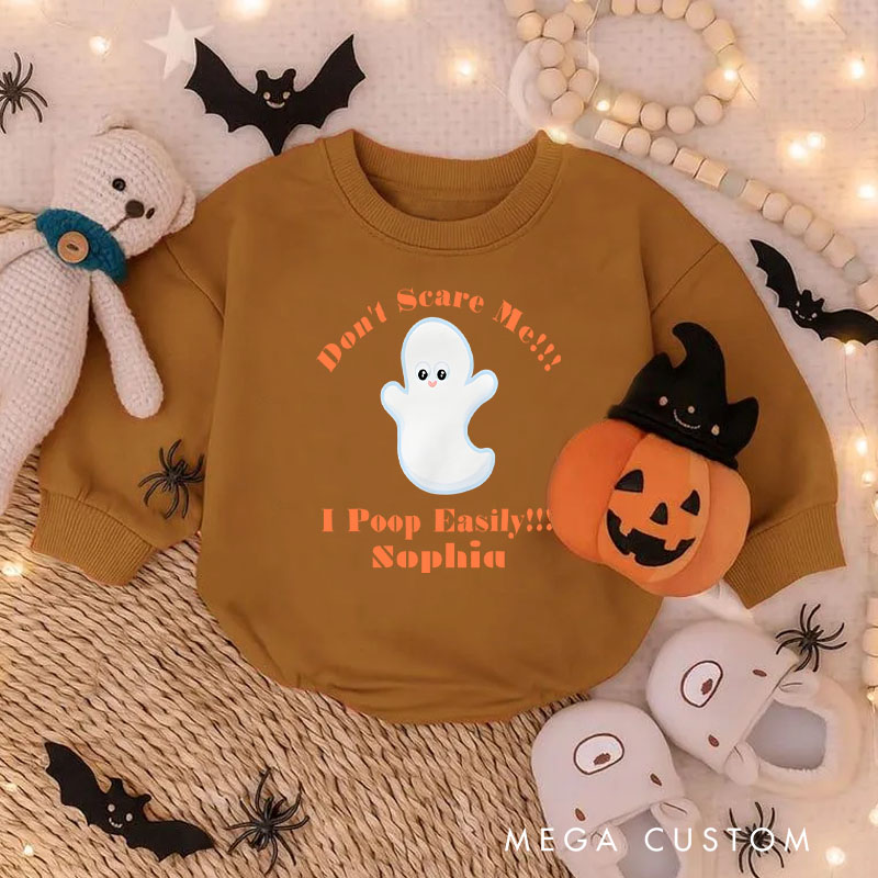 Personalized Funny Ghost Baby Bodysuit with Don’t Scare Me I Poop Easily Halloween Humor