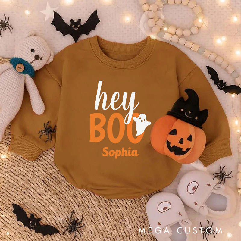 Personalized Hey Boo Orange Black Funny Halloween Ghost Baby Bodysuit