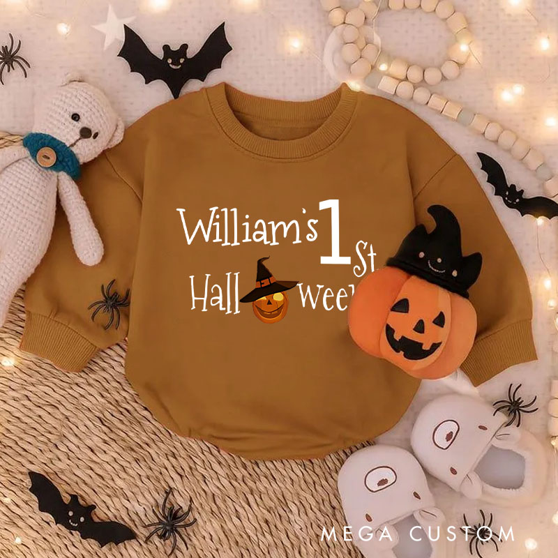 Personalized Baby's First Halloween Baby Bodysuit with Witch Hat and Pumpkin Details