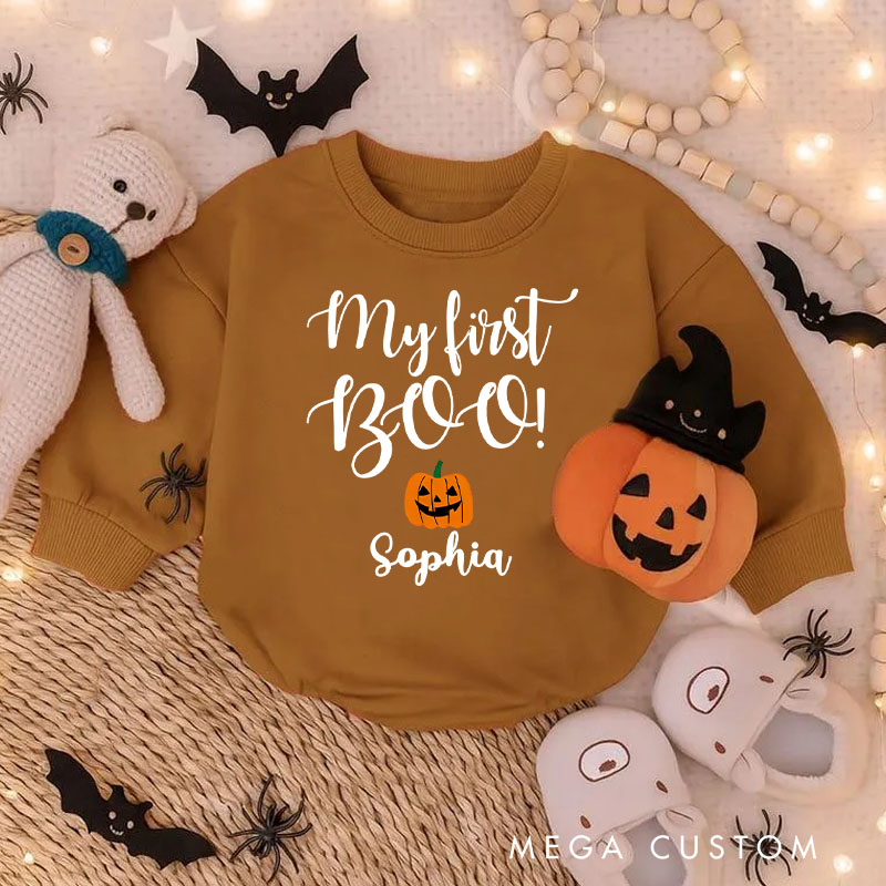 Personalized My First Boo Baby Bodysuit Featuring Cute Pumpkin for Baby’s Halloween Debut