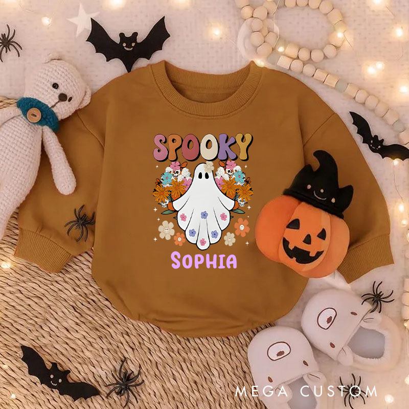 Personalized Spooky Baby Bodysuit with Ghost and Fall Leaves for a Festive Look
