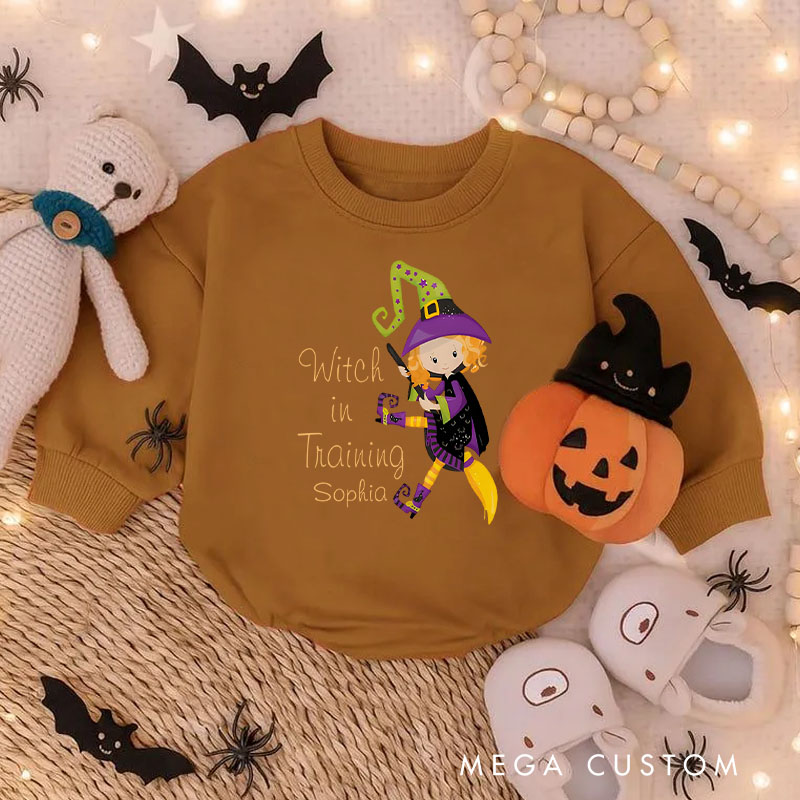 Personalized Witch in Training Baby Bodysuit Featuring Cute Witch Illustration for Halloween Fun