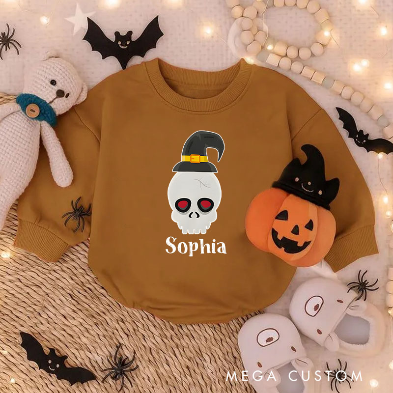 Personalized Skull Baby Bodysuit with Halloween Hat Perfect for Spooky Celebrations