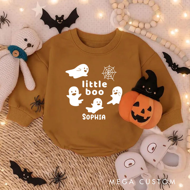 Personalized Little Boo Baby Bodysuit with Playful Ghosts and Spider Web for Halloween Fun