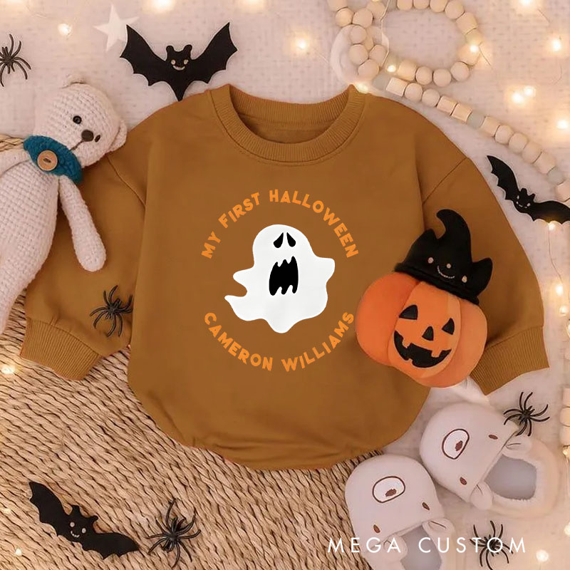 Personalized My First Halloween Baby Bodysuit with Ghost and Custom Name for Baby’s Special Day