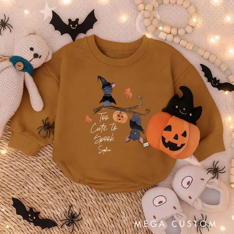 Personalized Too Cute to Spook Baby Bodysuit Featuring Adorable Bats and Pumpkins for Halloween