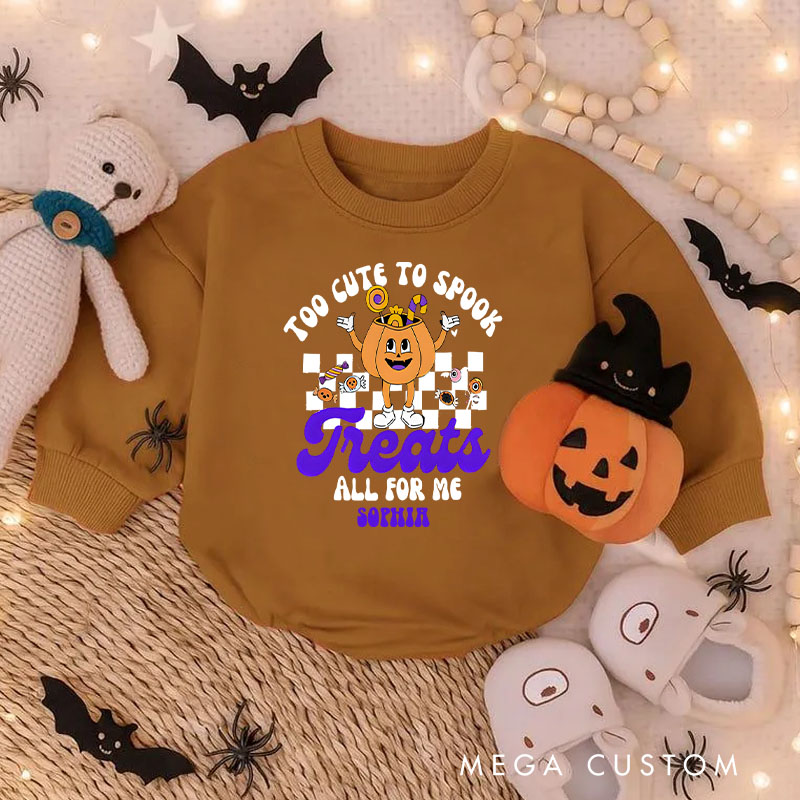 Personalized Too Cute to Spook Treats All for Me Baby Bodysuit with Pumpkin Character Design