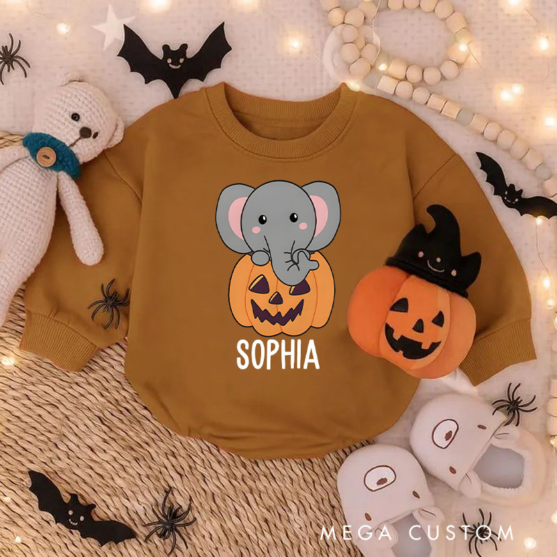 Personalized Elephant In Pumpkin Cute Elephant Happy Halloween Baby Bodysuit