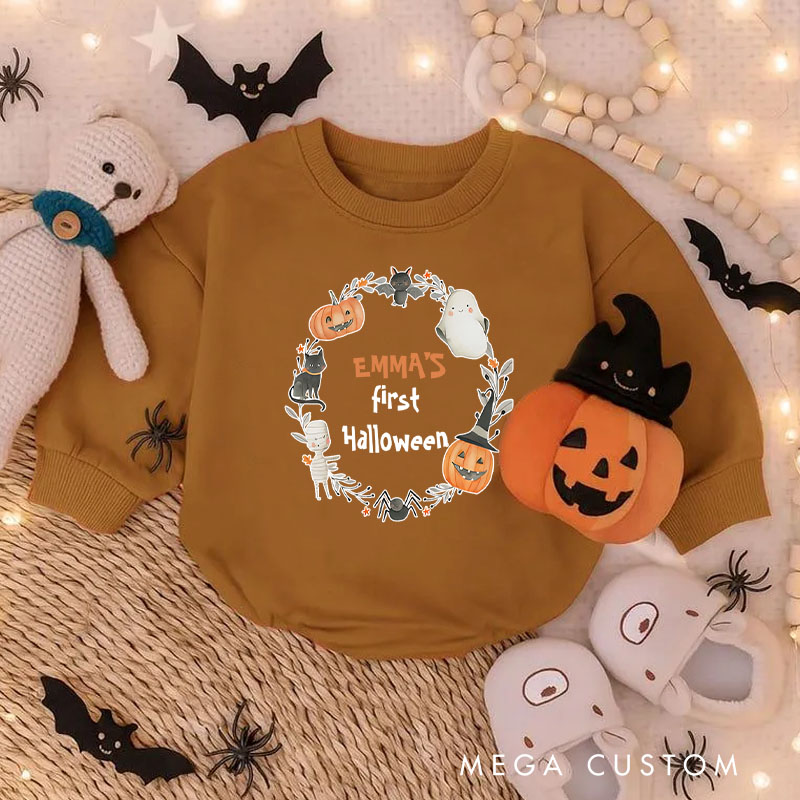 Personalized Baby's First Halloween Baby Bodysuit with Pumpkin Wreath and Custom Name Design