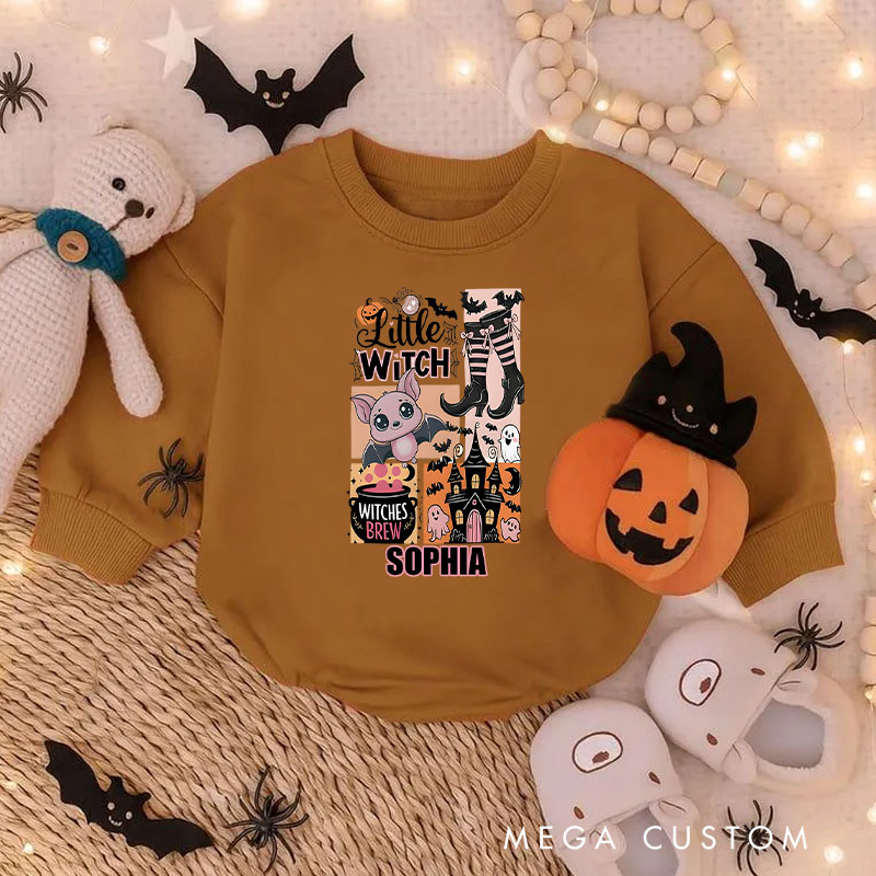 Personalized Little Witch Baby Bodysuit with Cute Cat and Broomstick for Halloween Adventures